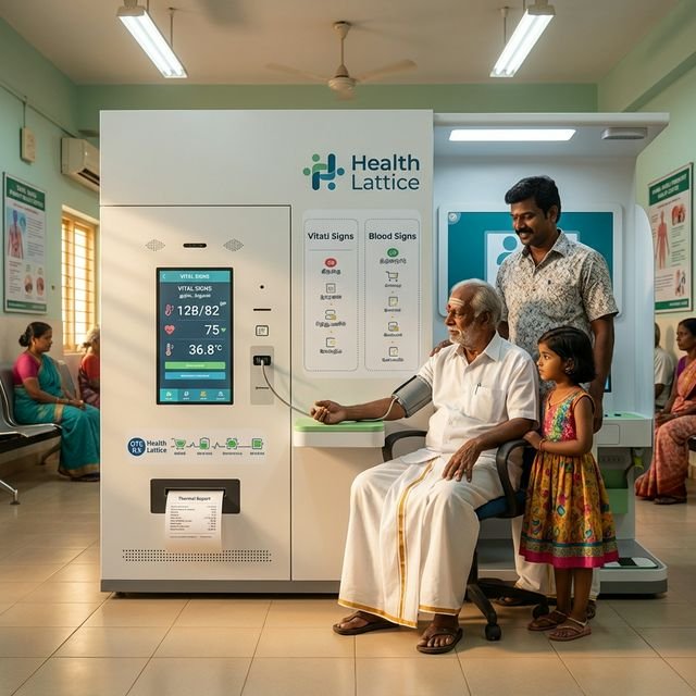 Tamil family — grandfather screening at Health Lattice kiosk