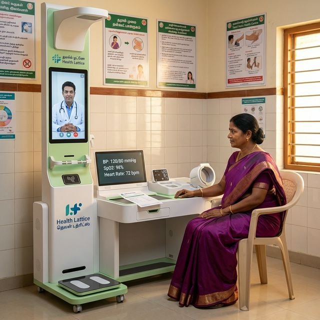 Tamil woman in teleconsultation via Health Lattice kiosk