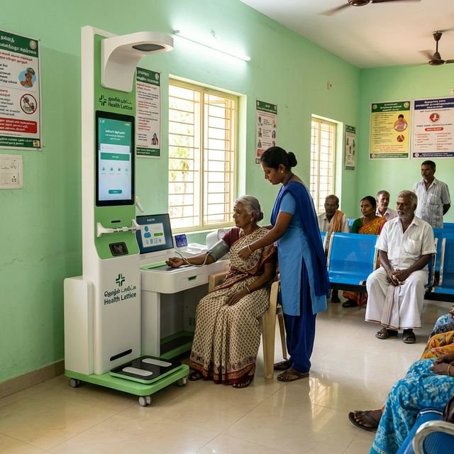 Tamil grandmother using Health Lattice kiosk at village PHC