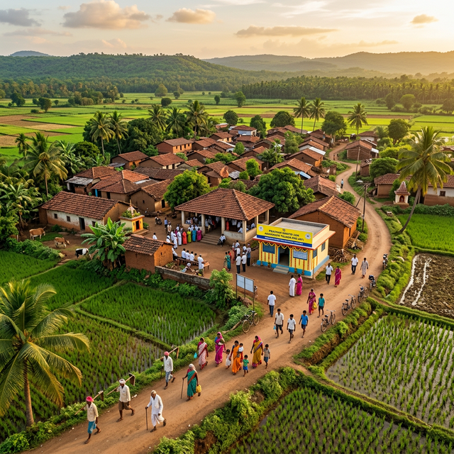 Rural village community walking to kiosk