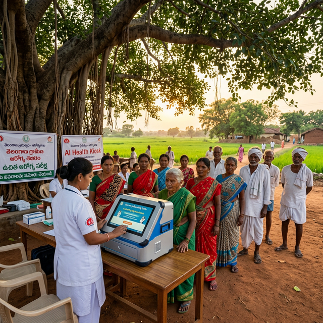 Telangana rural health screening camp under banyan tree